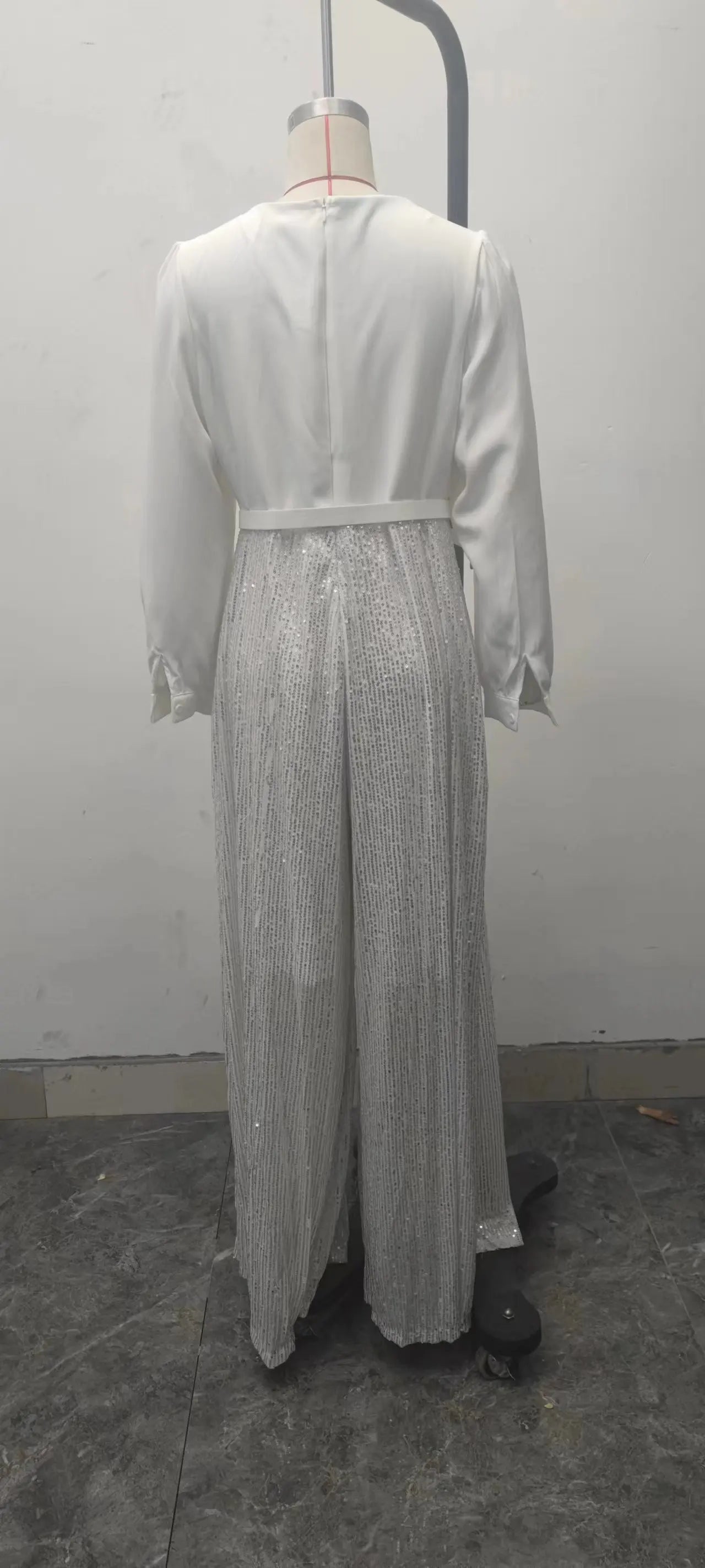 Women's Jumpsuit Fashion V-Neck Long Sleeved Shirt with Elegant Temperament and Sequin Wide Leg Pants for Spring/summer 2024