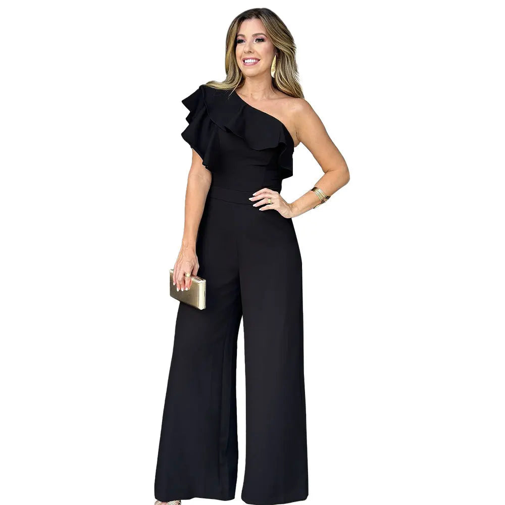 Women Elegant Solid One Shoulder Wide Leg Jumpsuit Ruffle Jumpsuit, Fashion Solid jumpsuits For Spring &Summer, women's Clothing