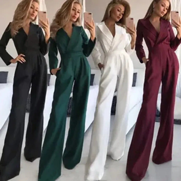 Women Jumpsuits Long Sleeve V Neck Rompers Overalls One Piece Wide Leg Pants Slight Strech Office Lady Solid New Chinese