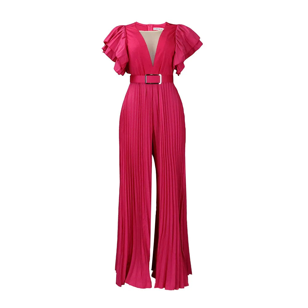 Women's 2024 summer new fashion patchwork sexy pleated high waist loose wide leg jumpsuit