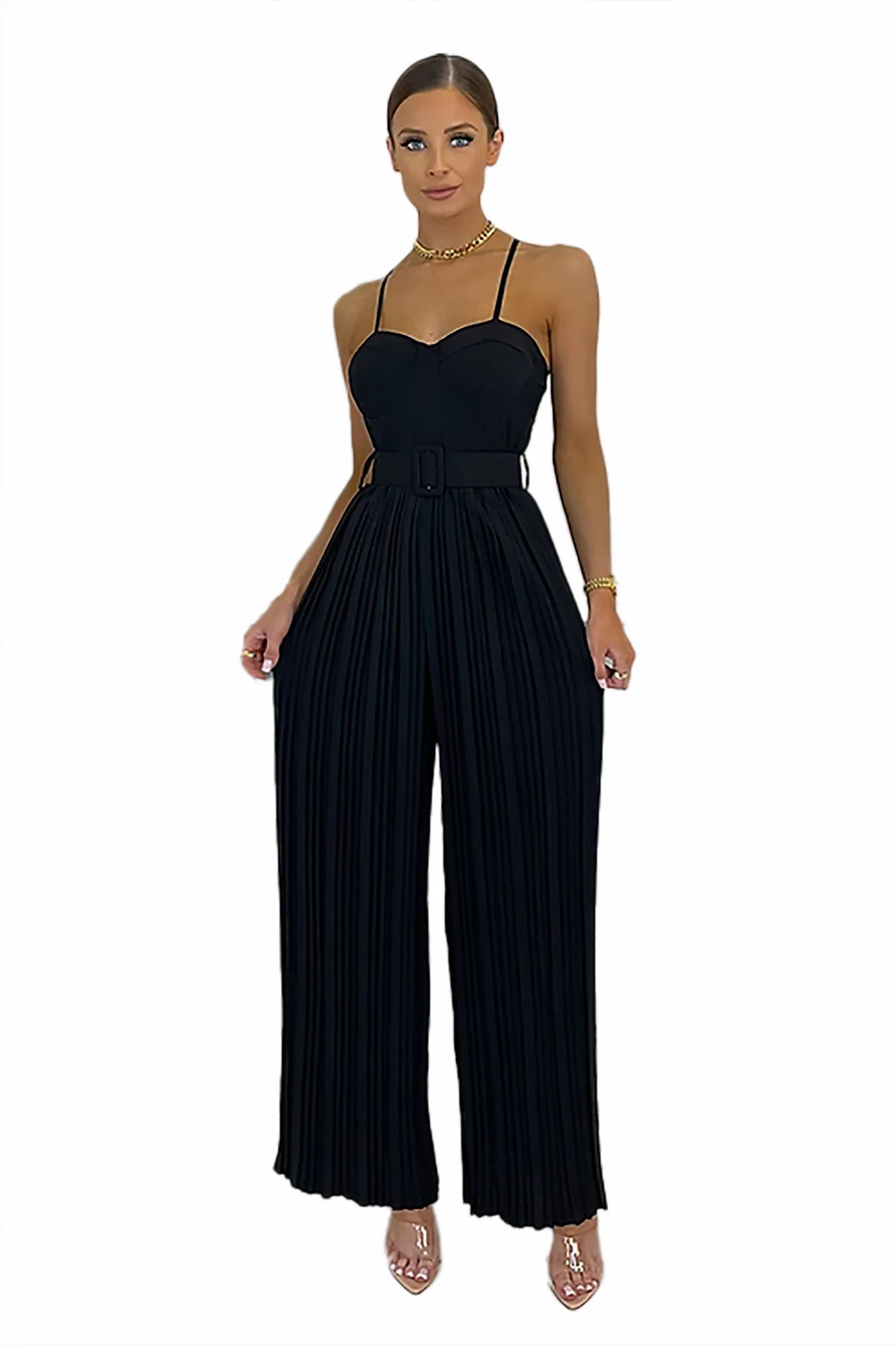 Summer Casual Suspenders Long Jumpsuit Women Fashion Solid  Sleeveless Sashes Pleated Wide Leg Jumpsuit Women