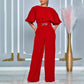 Round neck solid color high waist jumpsuit