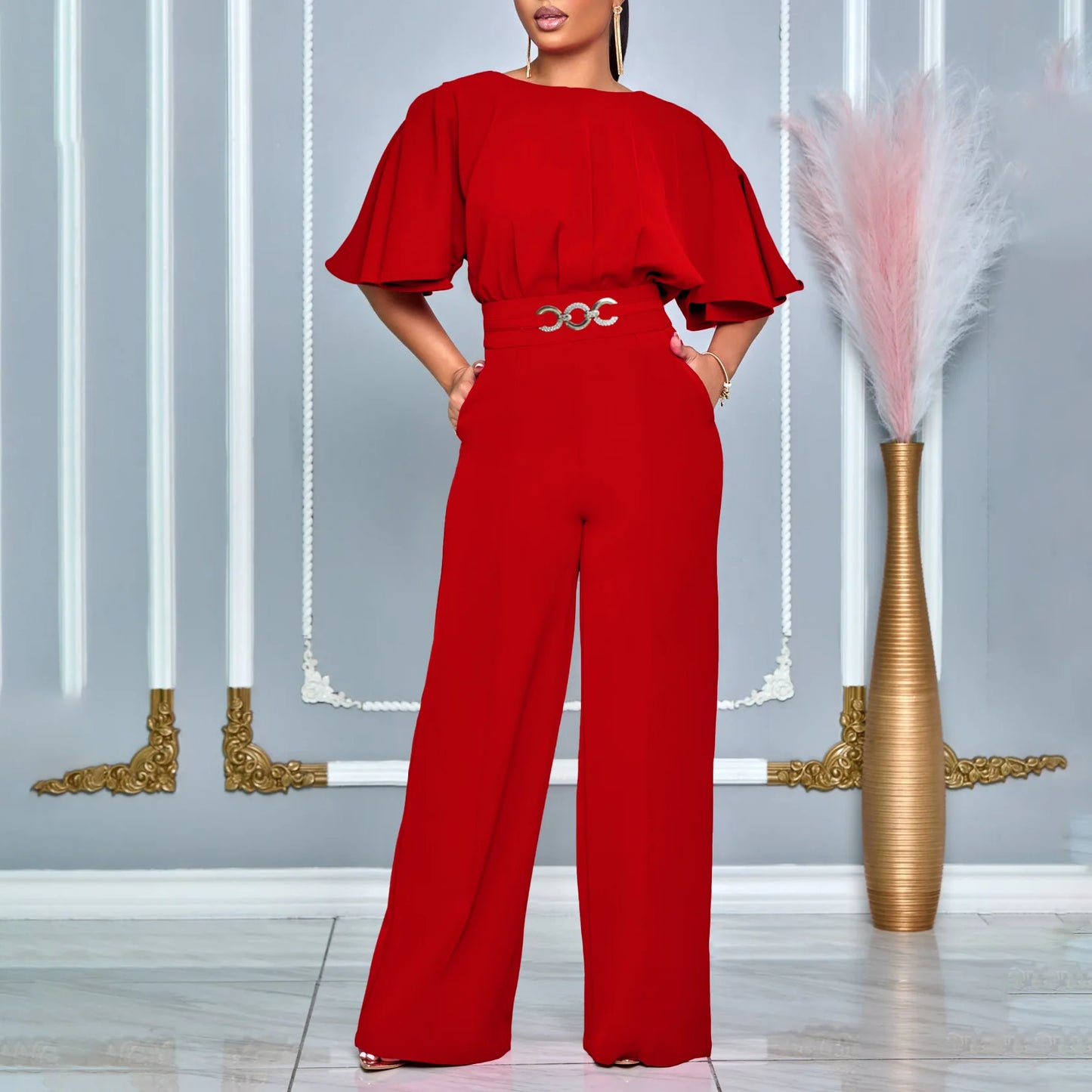 Round neck solid color high waist jumpsuit