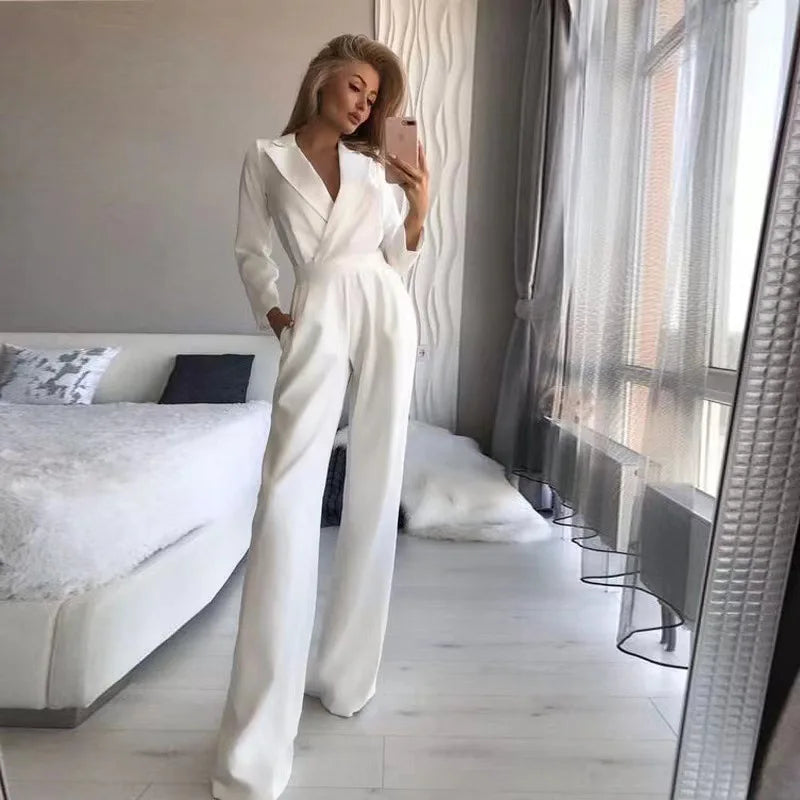 Women Jumpsuits Long Sleeve V Neck Rompers Overalls One Piece Wide Leg Pants Slight Strech Office Lady Solid New Chinese