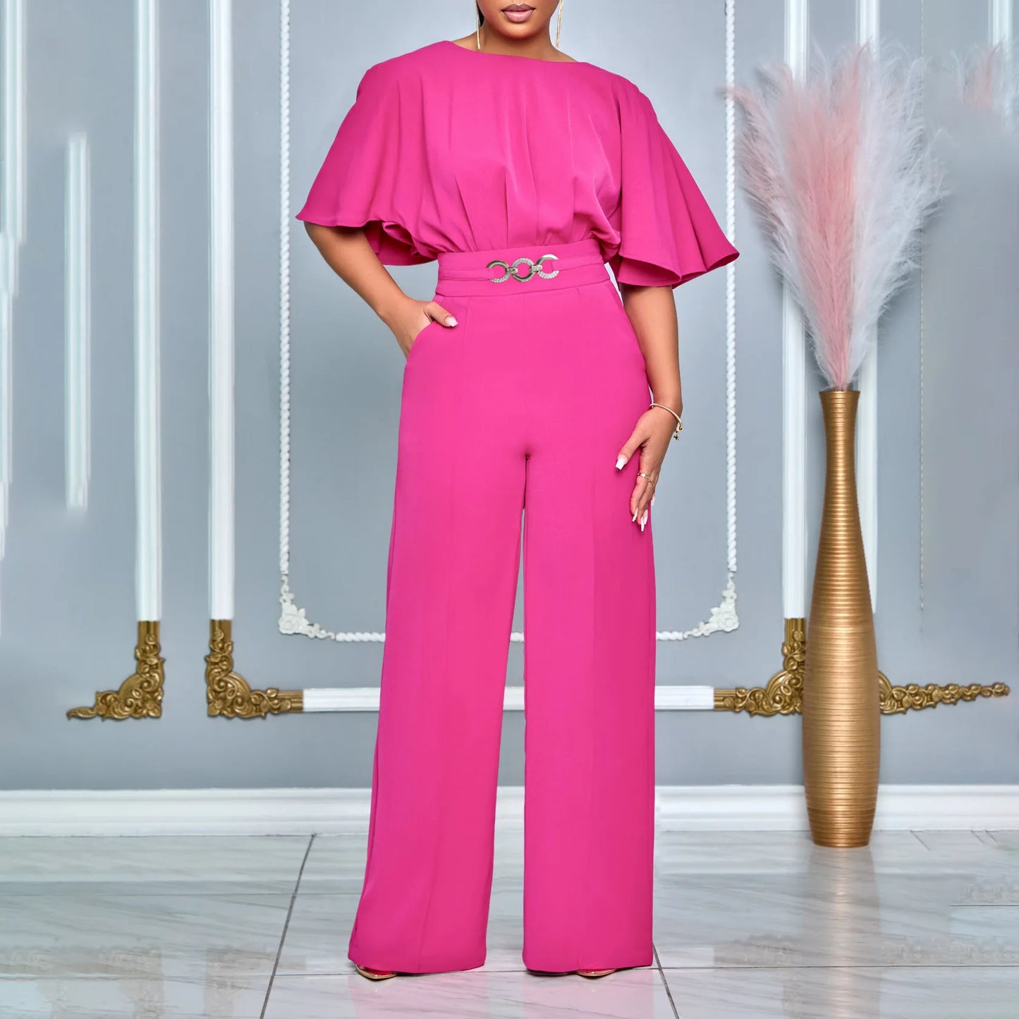 Round neck solid color high waist jumpsuit