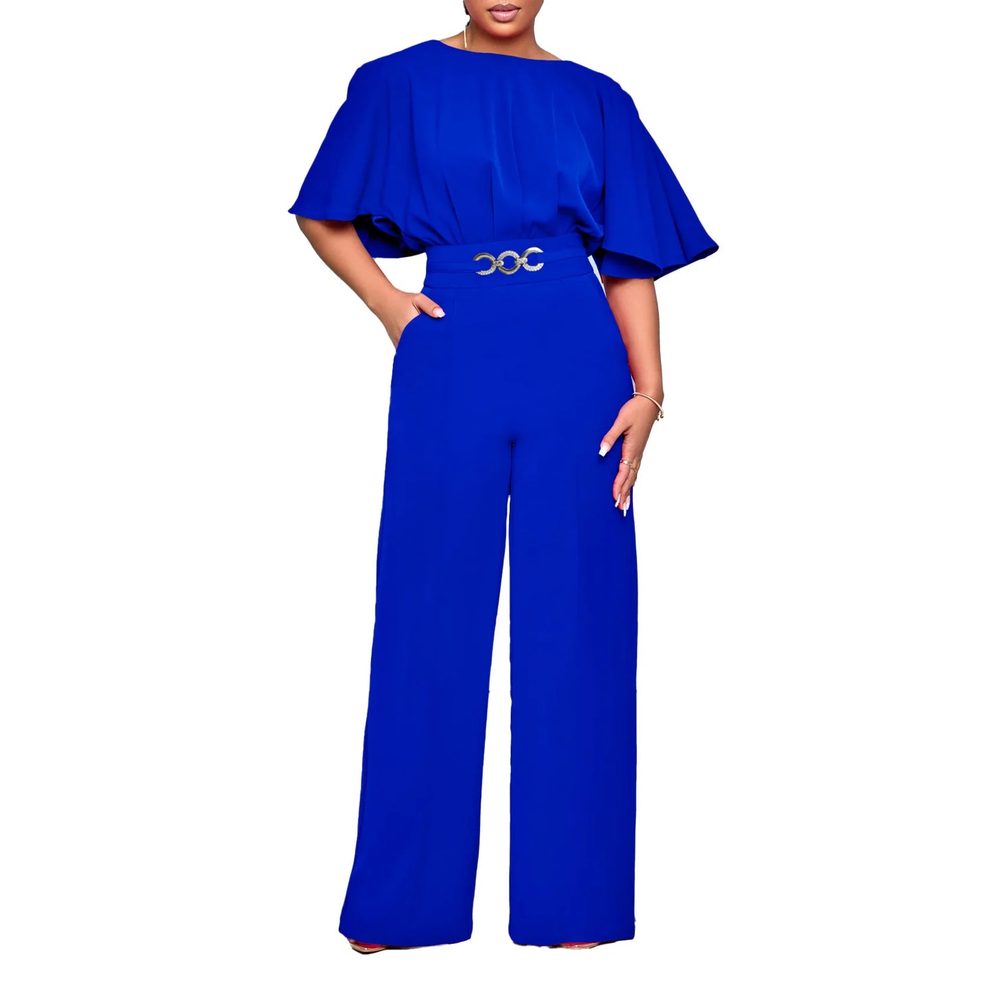 Round neck solid color high waist jumpsuit