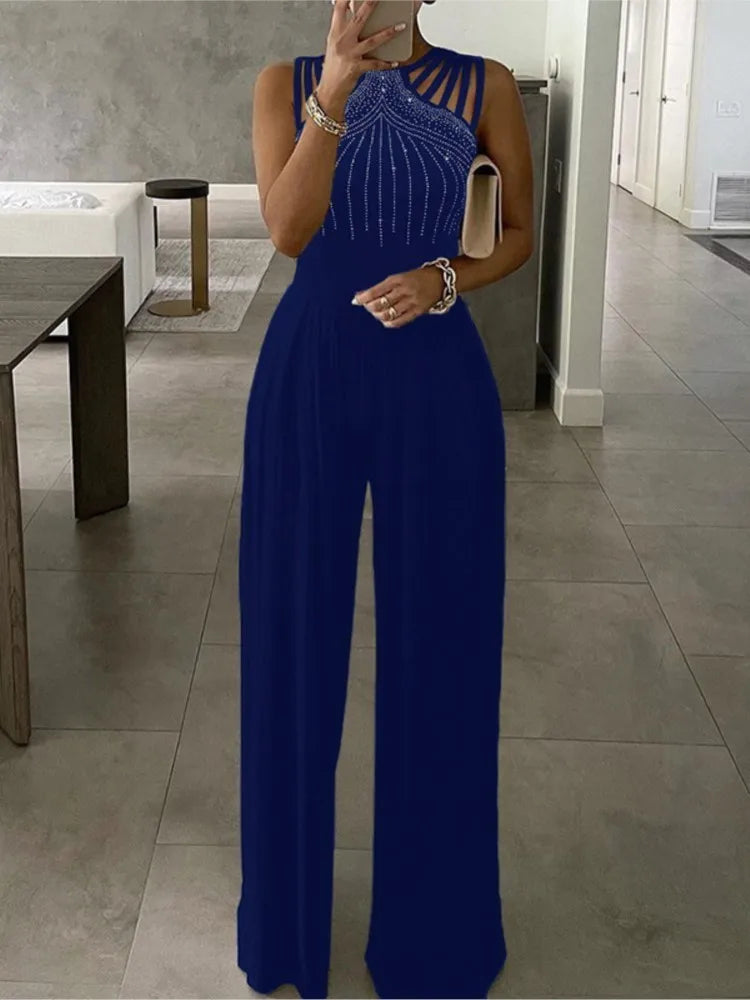 Women's Diamond Printed Jumpsuit Hollowed Out Sleeveles Shoulder Length Waist Up Autumn Women's Wide Leg Sparkling Club Jumpsuit