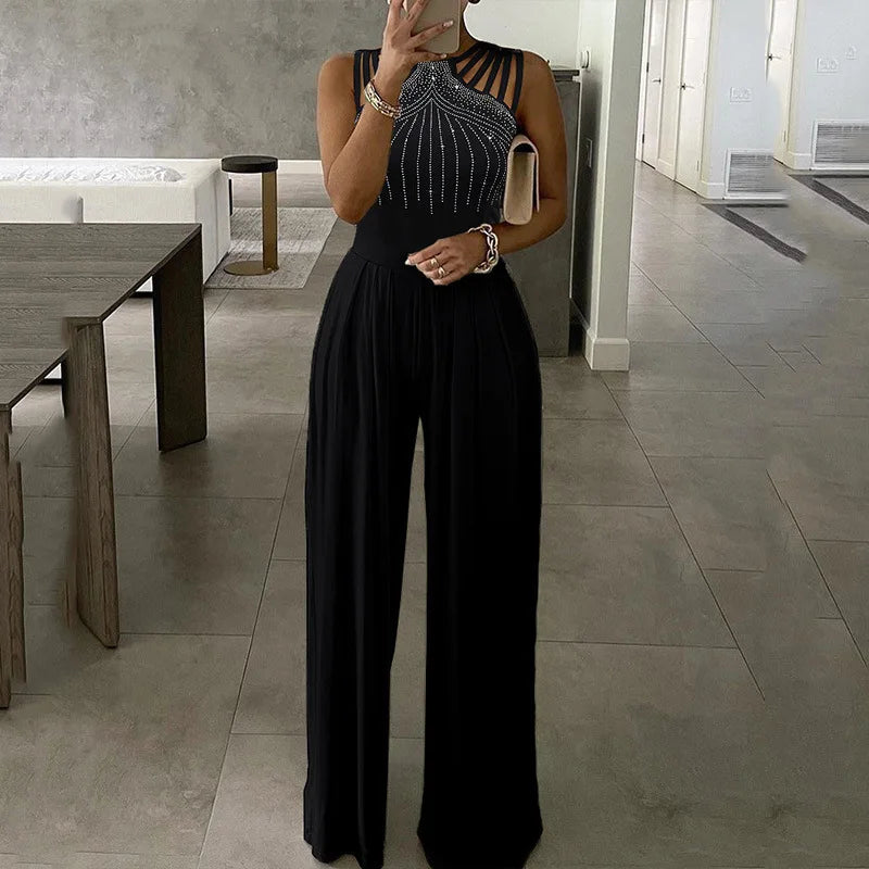 Women's Diamond Printed Jumpsuit Hollowed Out Sleeveles Shoulder Length Waist Up Autumn Women's Wide Leg Sparkling Club Jumpsuit