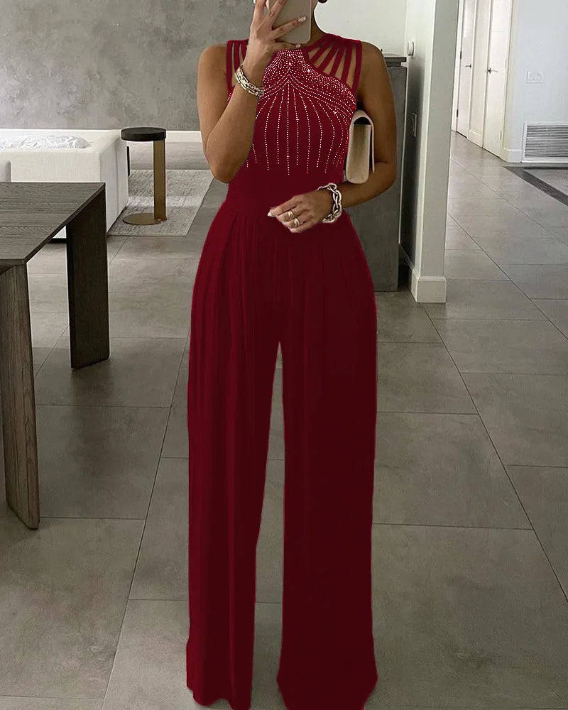 Women's Diamond Printed Jumpsuit Hollowed Out Sleeveles Shoulder Length Waist Up Autumn Women's Wide Leg Sparkling Club Jumpsuit