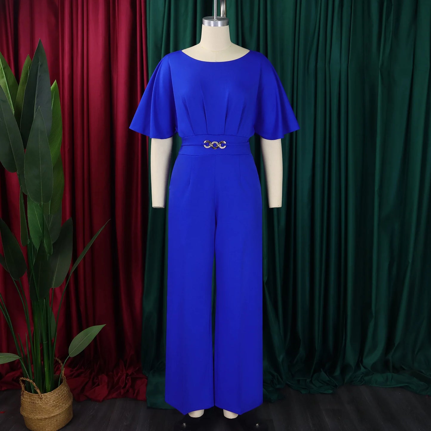 Round neck solid color high waist jumpsuit