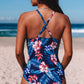 Black Floral Print Mesh Patchwork Criss Cross One-piece Swimsuit