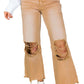 Brown Distressed Hollow-out High Waist Cropped Flare Jeans