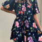 Black Floral Short Bubble Sleeve Button Mandarin Collar Dress