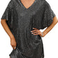 Dark Grey Sequin V Neck Dolman Sleeve Shift Dress