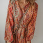 Orange Boho Paisley Print Long Sleeve Pleated Belted Mini Dress