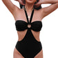 Black Halter O-ring Ruched Bust One Piece Swimsuit