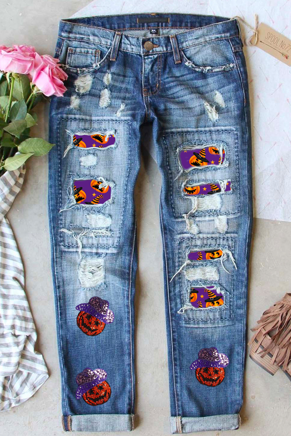 Sky Blue Sequin Pumpkin Patched Distressed Straight Leg Jeans