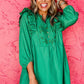 Bright Green Embroidered Ruffled Trim 3/4 Sleeve V Neck Mini Dress