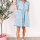 Beau Blue Mineral Wash Ruffled Short Sleeve Buttoned Denim Dress