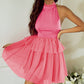 Strawberry Pink Gauze Ruffle Tiered Knotted Halter Dress