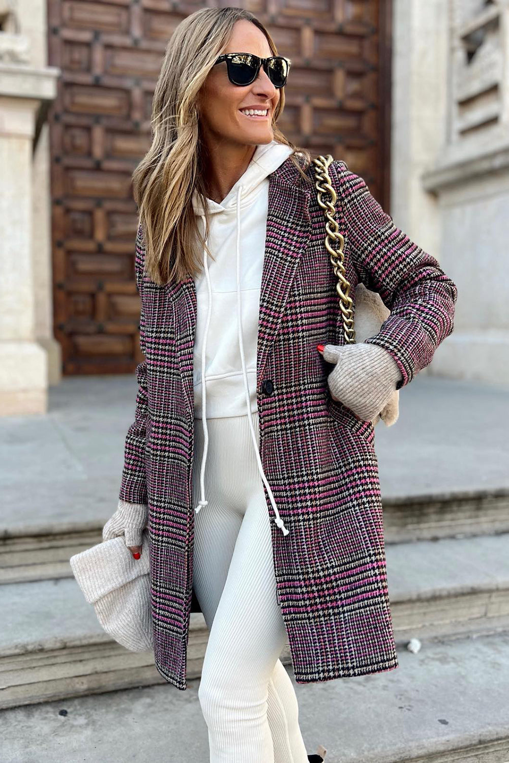 Pink Plaid Lapel Collar One Button Midi Coat