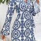 Blue Floral Print V Neck Wrapped Knot Long Sleeve Dress