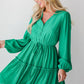 Sea Green Frilly V Neck Puff Sleeve Drawstring Shift Mini Dress