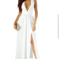 White Sleeveless Ruched High Split Cutout Back Maxi Dress