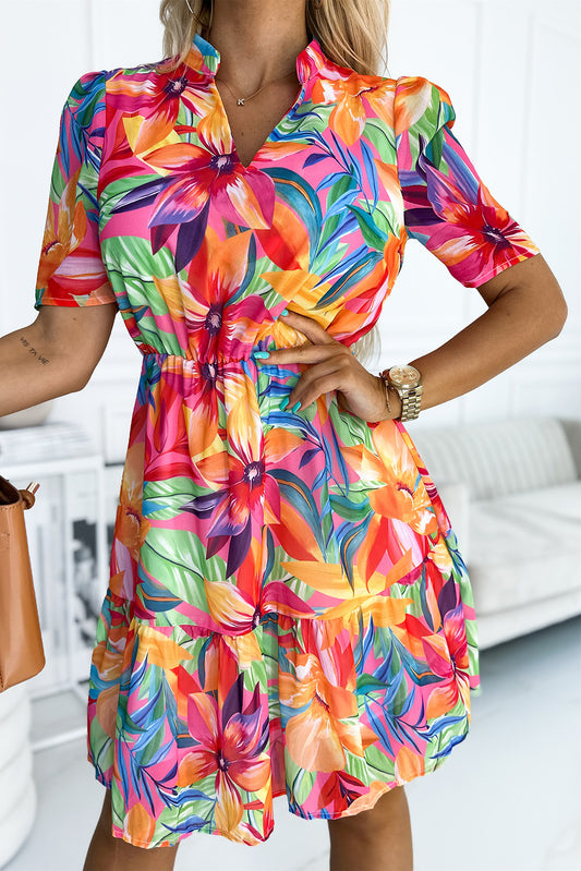 Multicolor Summer Floral Print V Neck Short Sleeve Dress