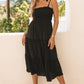 Black Tie Strap Smocked Frill Tiered Midi Dress