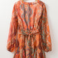 Orange Boho Paisley Print Long Sleeve Pleated Belted Mini Dress