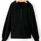 Black Solid Kangaroo Pocket Half Zipper Oversized Hoodie