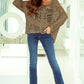 Khaki Hollowed Knit V Neck Dolman Sleeve Sweater