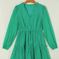 Sea Green Frilly V Neck Puff Sleeve Drawstring Shift Mini Dress