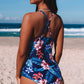 Black Floral Print Mesh Patchwork Criss Cross One-piece Swimsuit