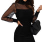 Black Dotted Mesh Striped Frilled Neck Bubble Sleeve Dress