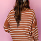 Brown Stripe Drop Shoulder Casual Sweater