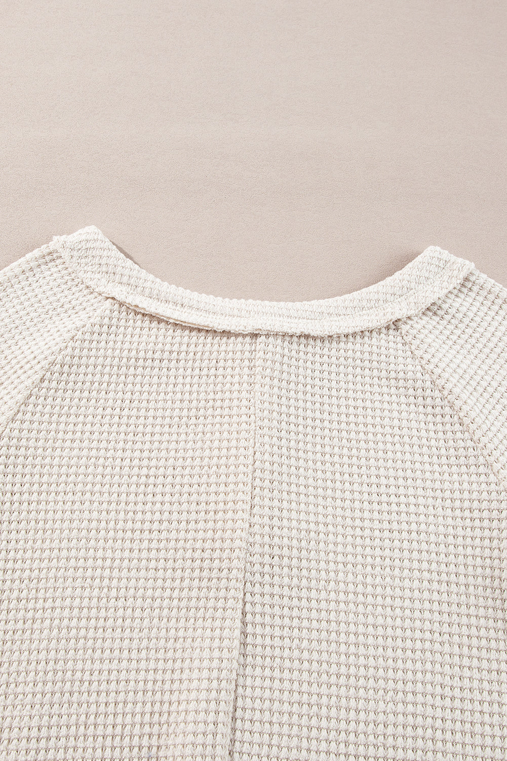 Oatmeal Waffle Knit Buttoned Front Raglan Sleeve Loose Blouse