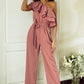 Dusty Pink One Shoulder Ruffle Trim Belted Jumpsuit