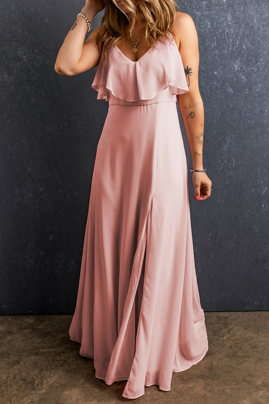 Light Pink Spaghetti Straps V Neck Ruffled Split Long Dress