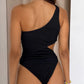 Black Solid Textured Cut Out One Shoulder Monokini