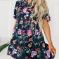 Black Floral Short Bubble Sleeve Button Mandarin Collar Dress