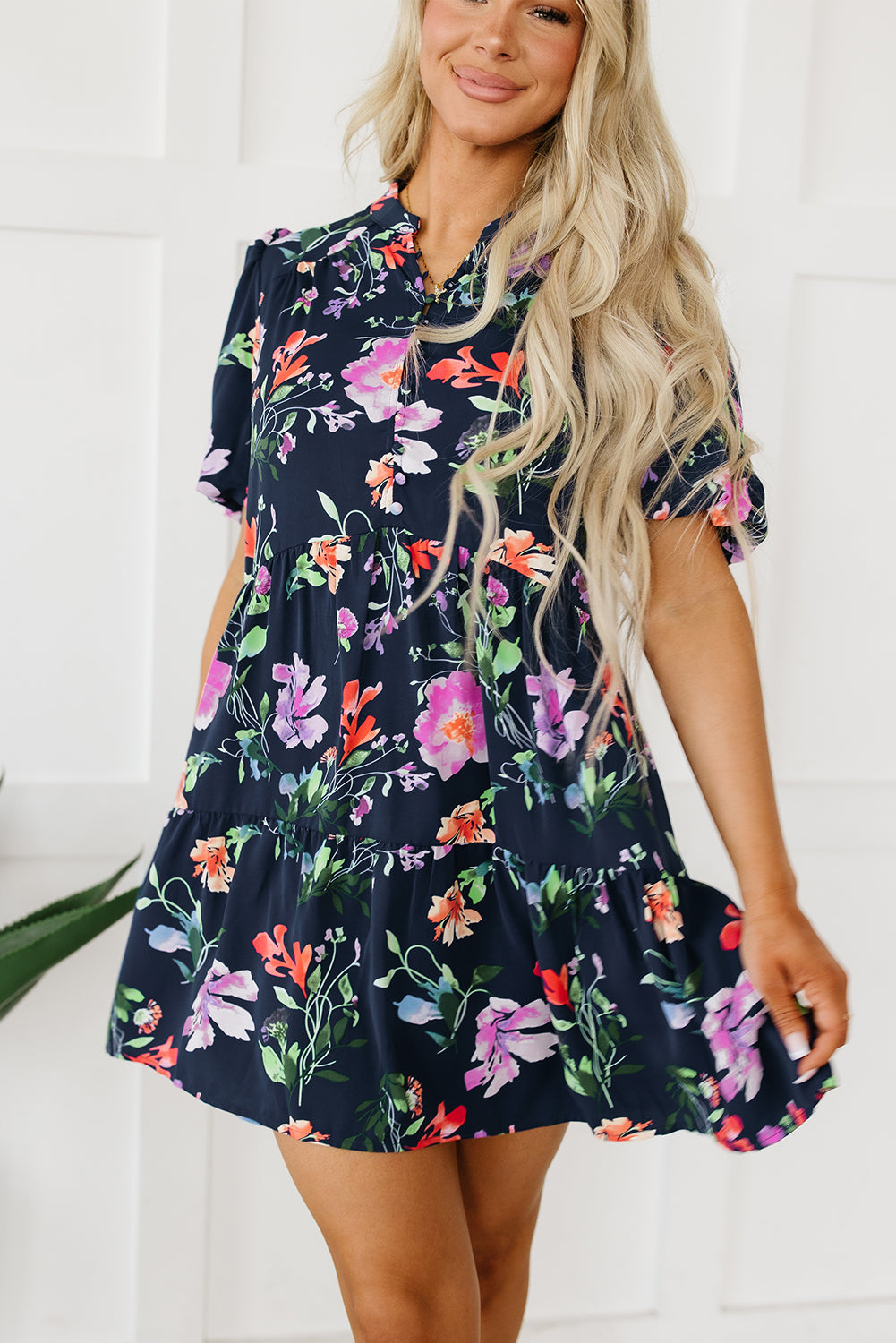 Black Floral Short Bubble Sleeve Button Mandarin Collar Dress