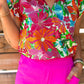 Multicolour Floral Flutter Sleeve Notched V Neck Blouse