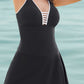 Black Strappy V Neck Side Split One-piece Swimdress