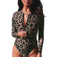 Leopard Print Zipper Cut-out Rash Guard Swimsuit