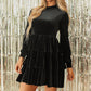 Black Velvet High Neck Tiered Ruffle Mini Dress