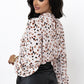 White Leopard Print Lantern Sleeve Mock Neck Pleated Blouse