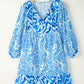 Sky Blue Bohemian Print Puff Sleeve Tied V Neck Flared Mini Dress