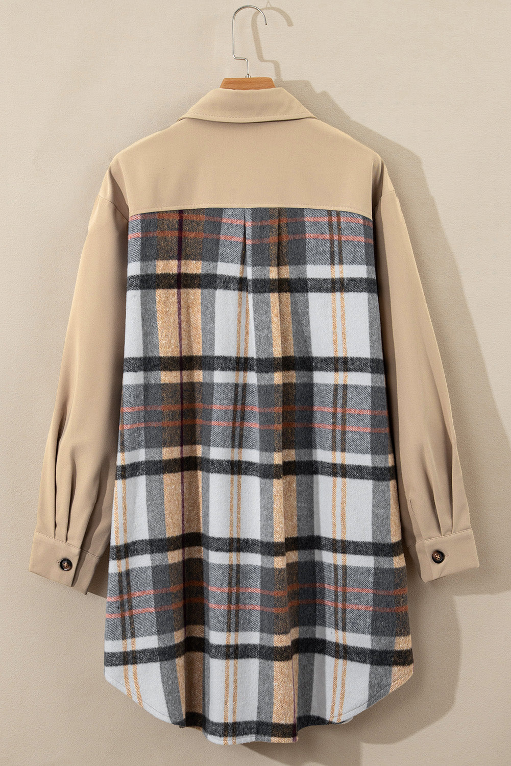 Khaki Plaid Patchwork Long Sleeve Shirt Mini Dress